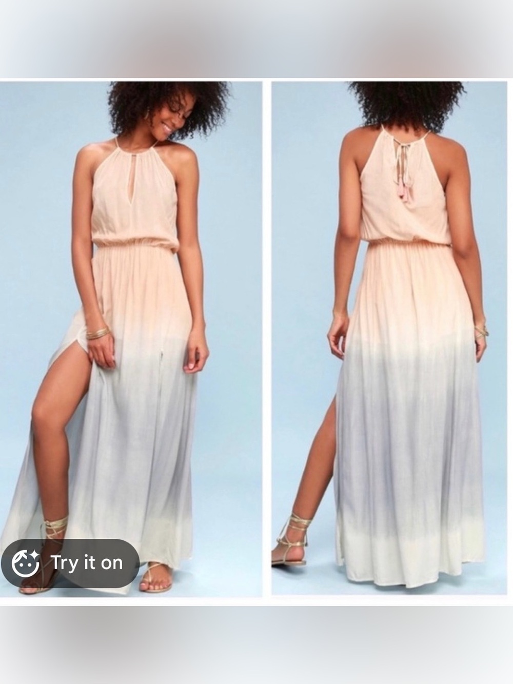 Lulus Dip Dyes Women’s Halter Maxi Dress in Peach to Blue w Slits Size M Grecian